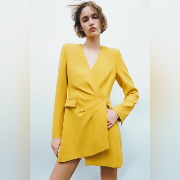Zara Limited Edition Draped Blazer Mini Dress Yellow Blogger Favorite Small - Picture 1 of 9